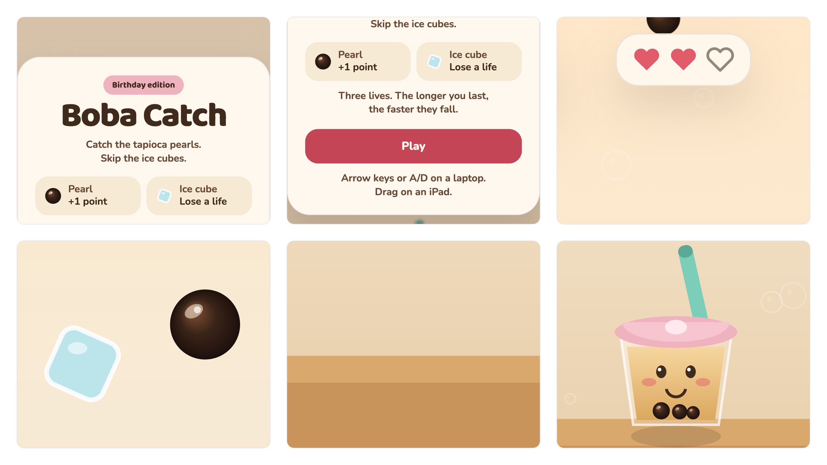 The same six close ups fixed. The line under the title breaks by sentence, the rule icons are the real pearl and ice cube with their names, the lost heart is an outline, the ice cube has no x, the table runs on without an end, and the smile sits clear of the pearls.