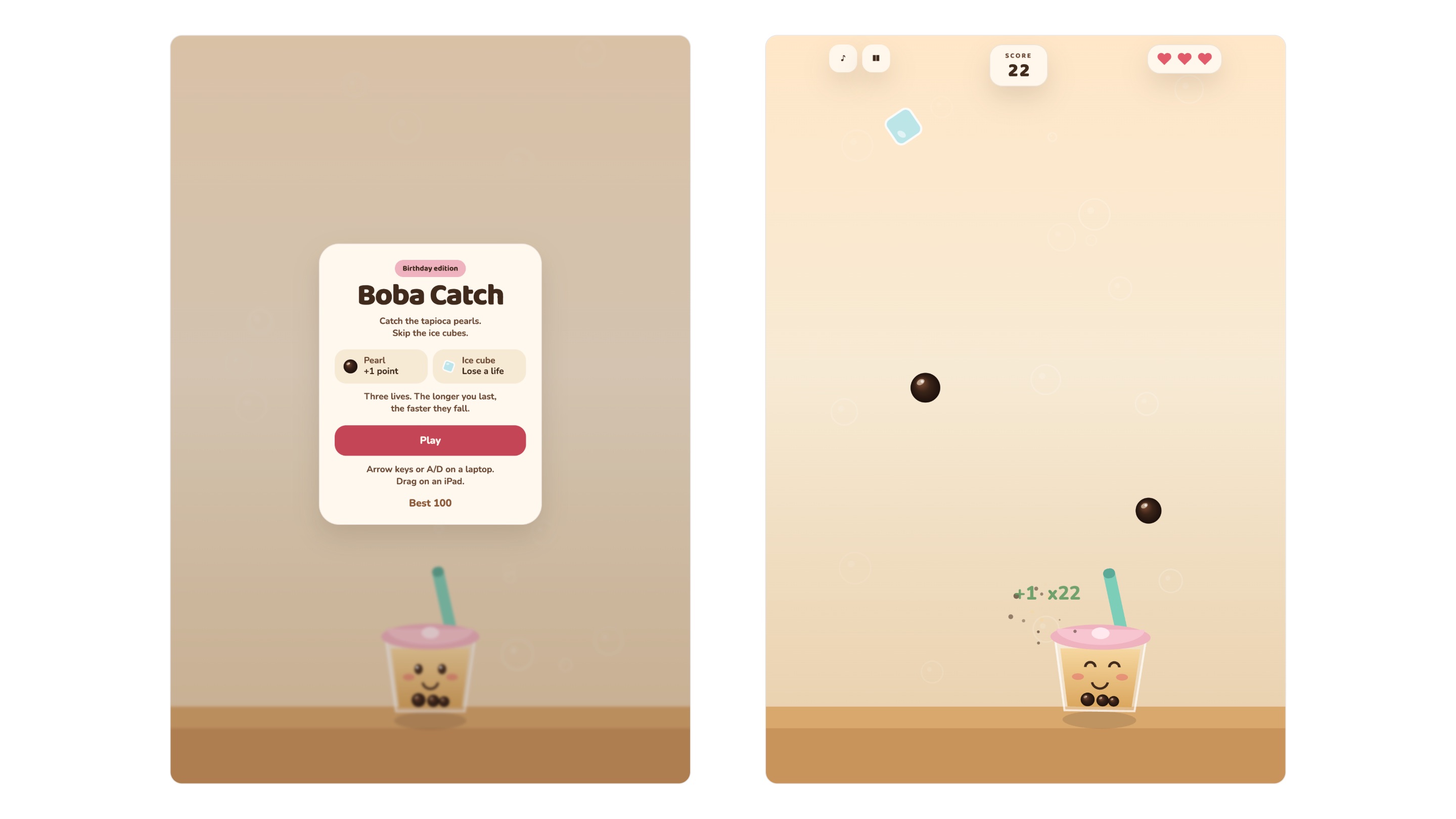 Fixed iPad screens 1 and 2. The new start card, then the score, bigger hearts and buttons over the play area with the table running from edge to edge.