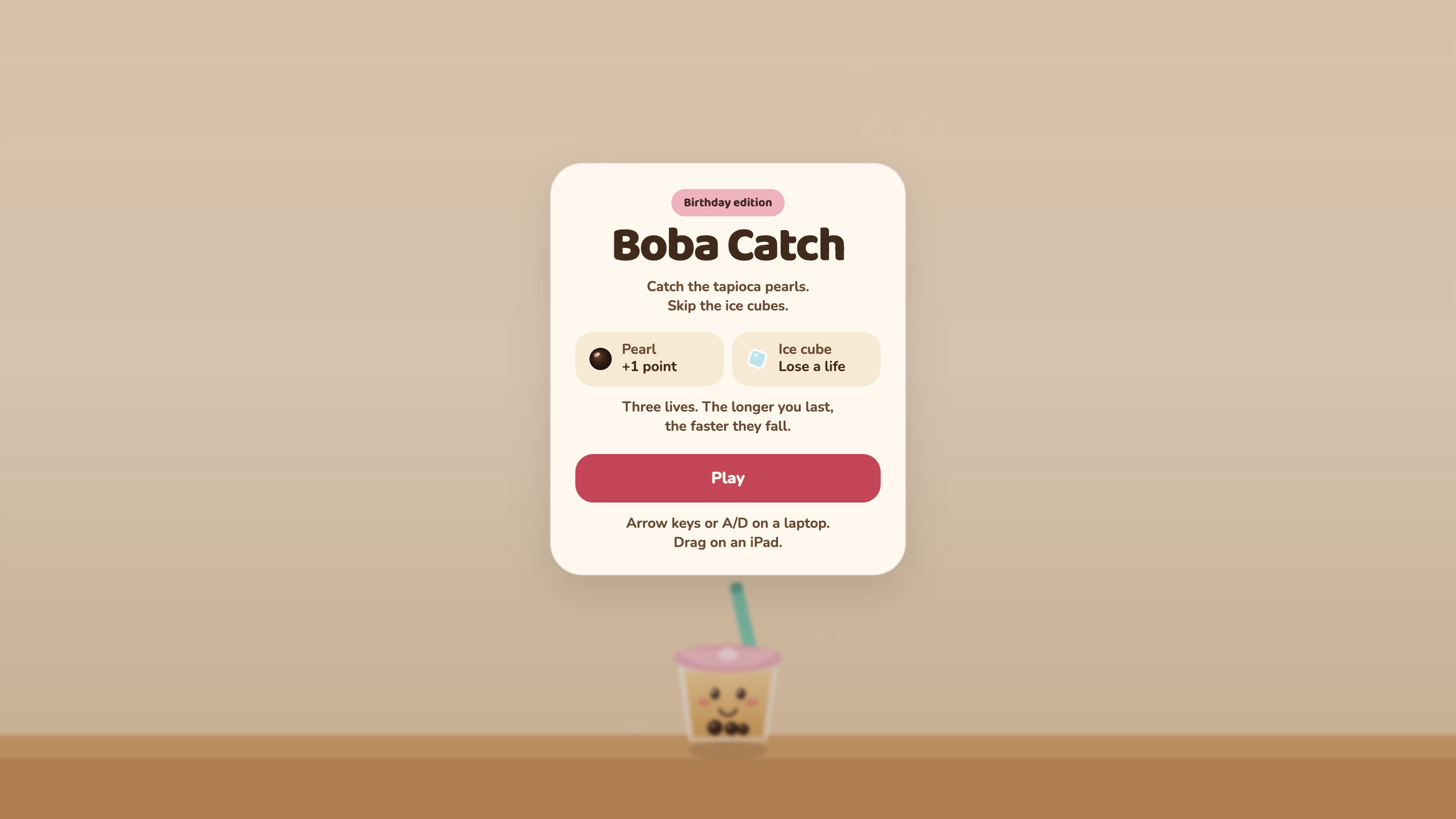 Fixed laptop 1. No AI image, the line under the title breaks between its two sentences, the rule icons are the real pearl and ice cube with Pearl and Ice cube beside them, the instructions are 14px, and the Play button is a deeper pink.