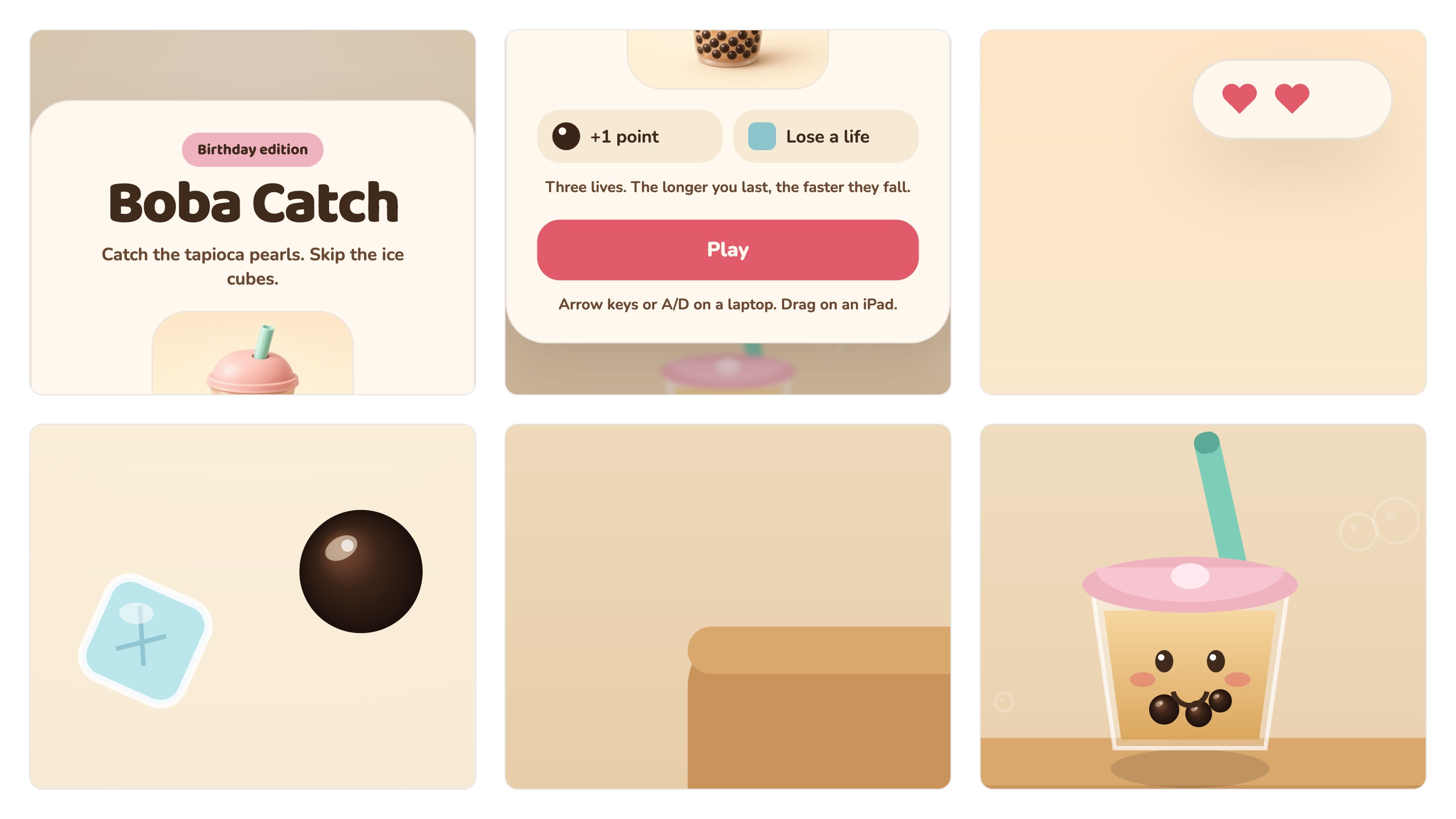 Six close ups. “cubes.” alone on its line under the title, the flat rule icons above the small instructions and the Play button, two hearts and an empty gap after losing a life, an ice cube with its x next to a pearl, the lighter strip stacked on the table where it stops in midair, and the cup’s smile drawn over its pearls.
