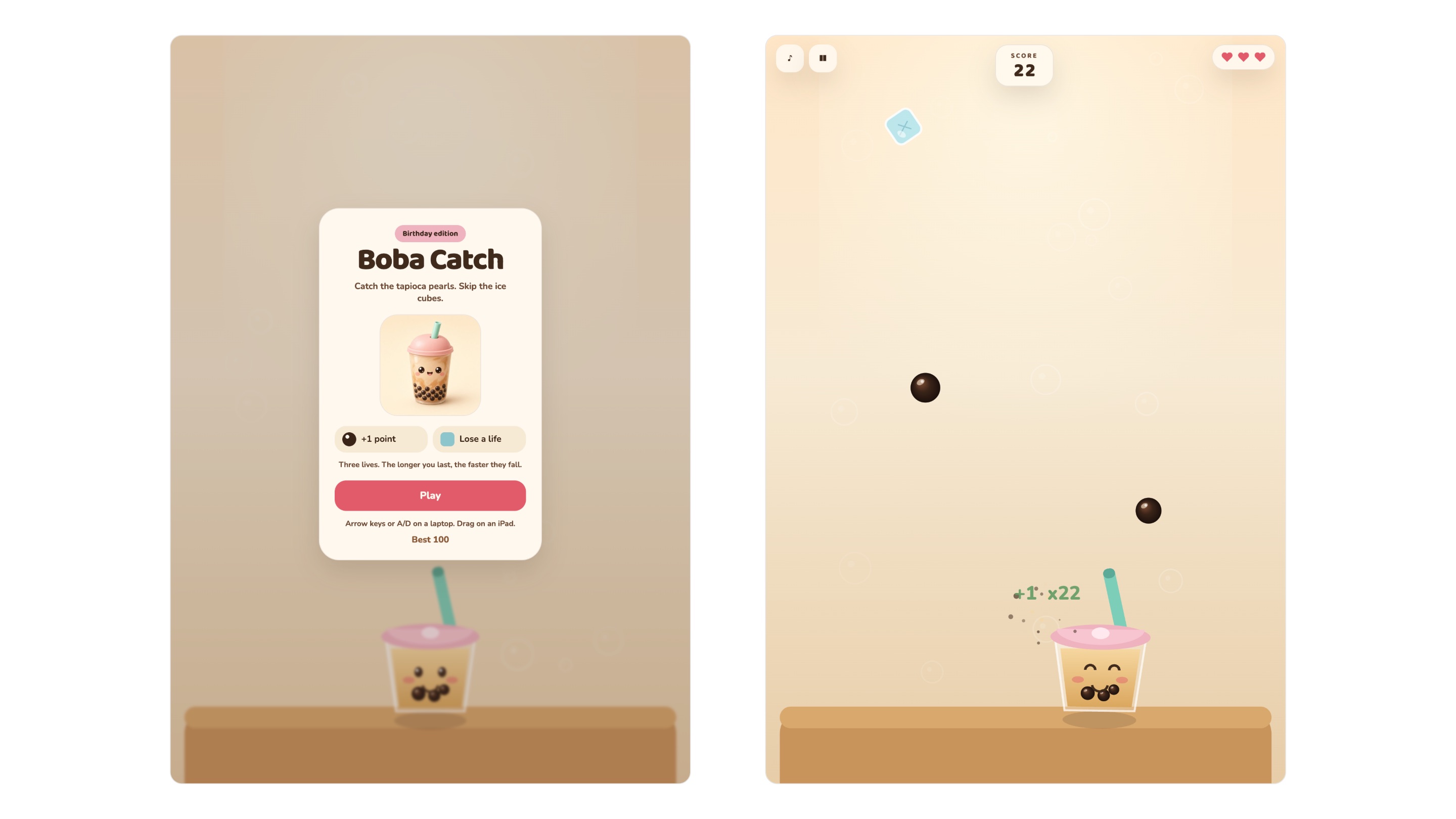 iPad screens 1 and 2, held upright. The start screen with Best 100 under the controls, then playing by dragging, with +1 x22 above the cup.