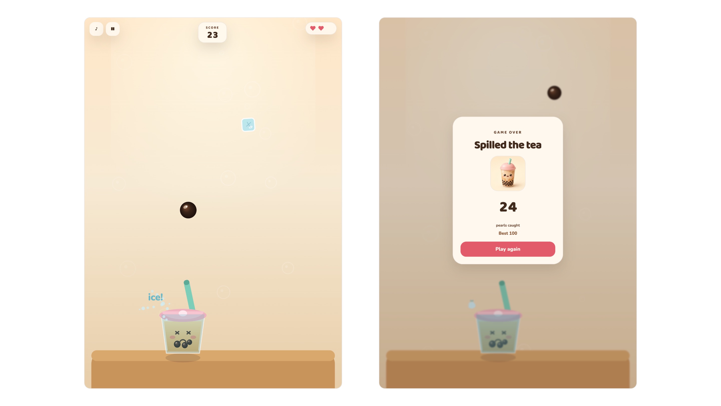 iPad screens 3 and 4. An ice cube hits the cup and a heart is gone, then game over, Spilled the tea with 24 pearls caught.