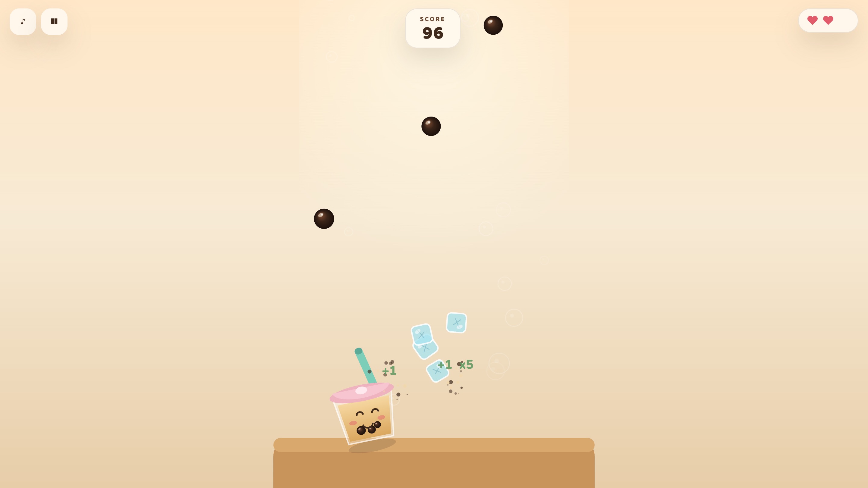 Laptop, later in the game. More pearls and ice cubes fall at once, the score is 96, and +1 x5 pops up above the cup.