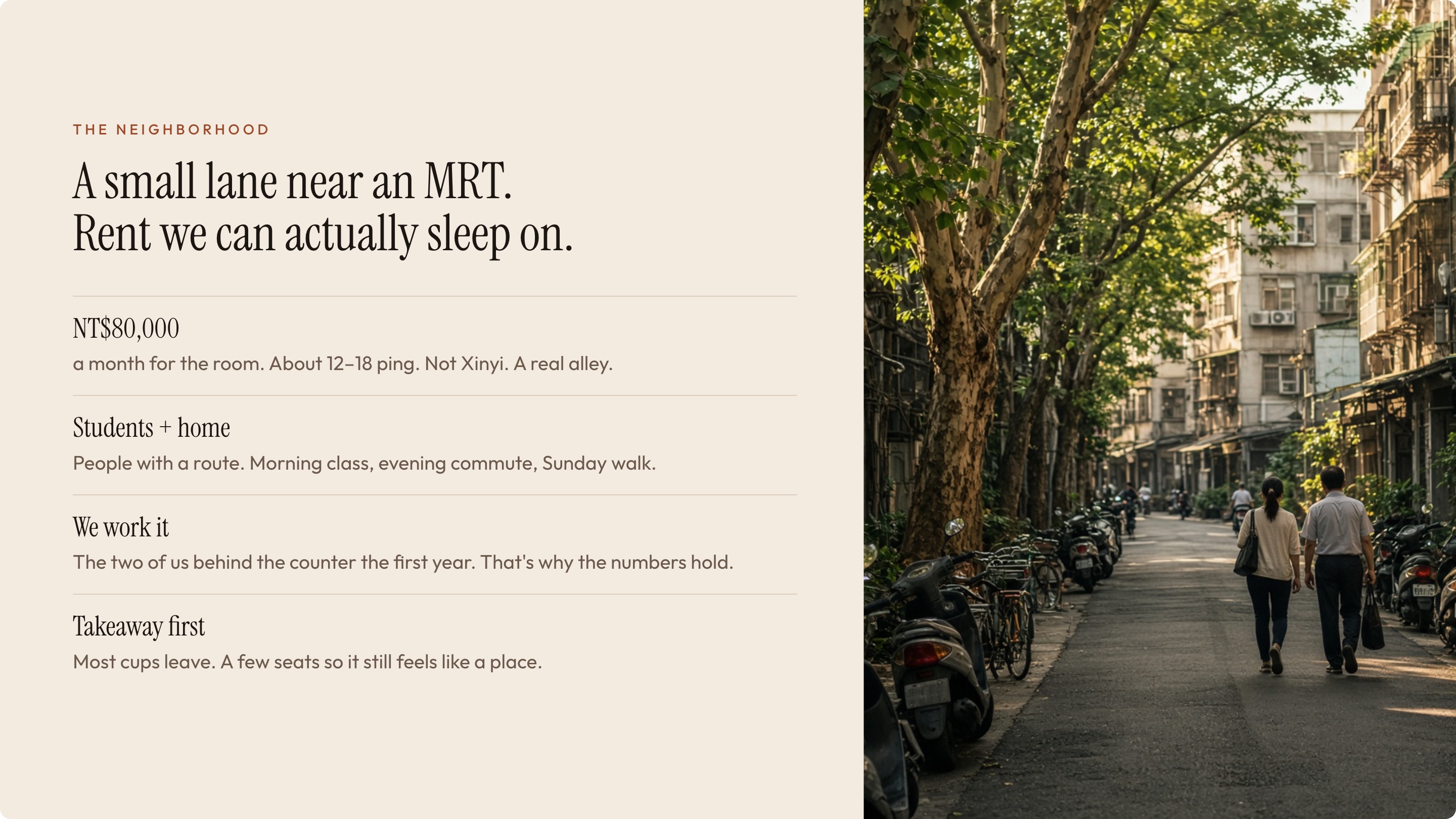 Fixed slide 4. The photo sits in a panel on the right, and the four points are dark text on the beige with thin lines between them.