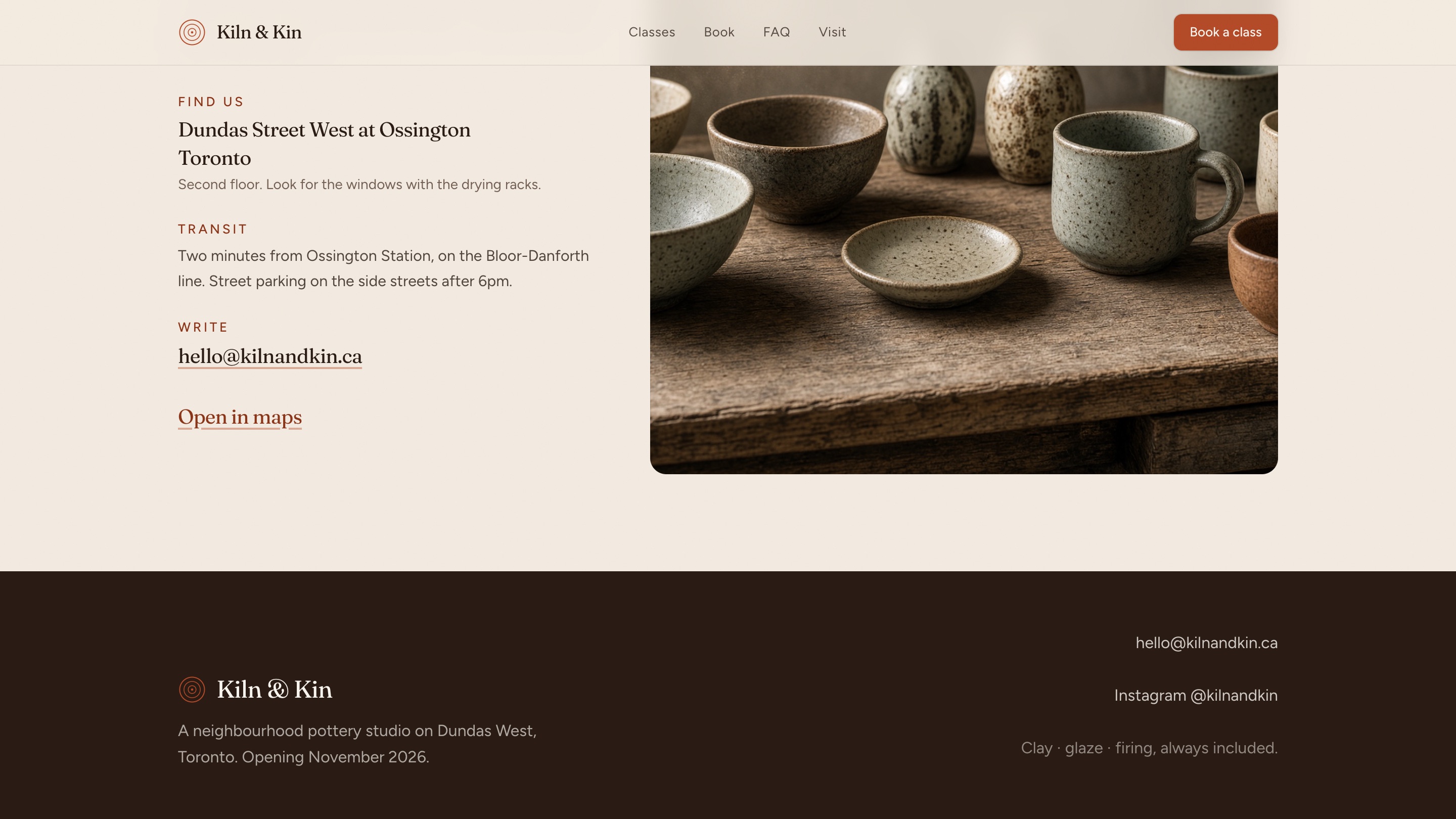 Fixed desktop 7. Open in maps matches the email, one photo of bowls and mugs replaces the repeats, and the footer text is bigger and evenly spaced.