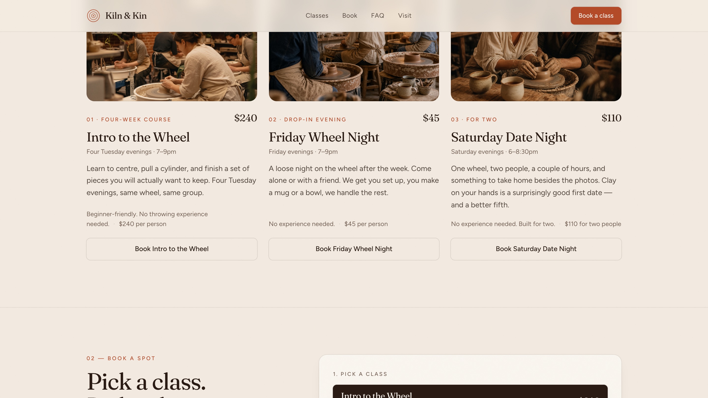 Desktop. The three class cards, Intro to the Wheel $240, Friday Wheel Night $45 and Saturday Date Night $110, each with a book button.