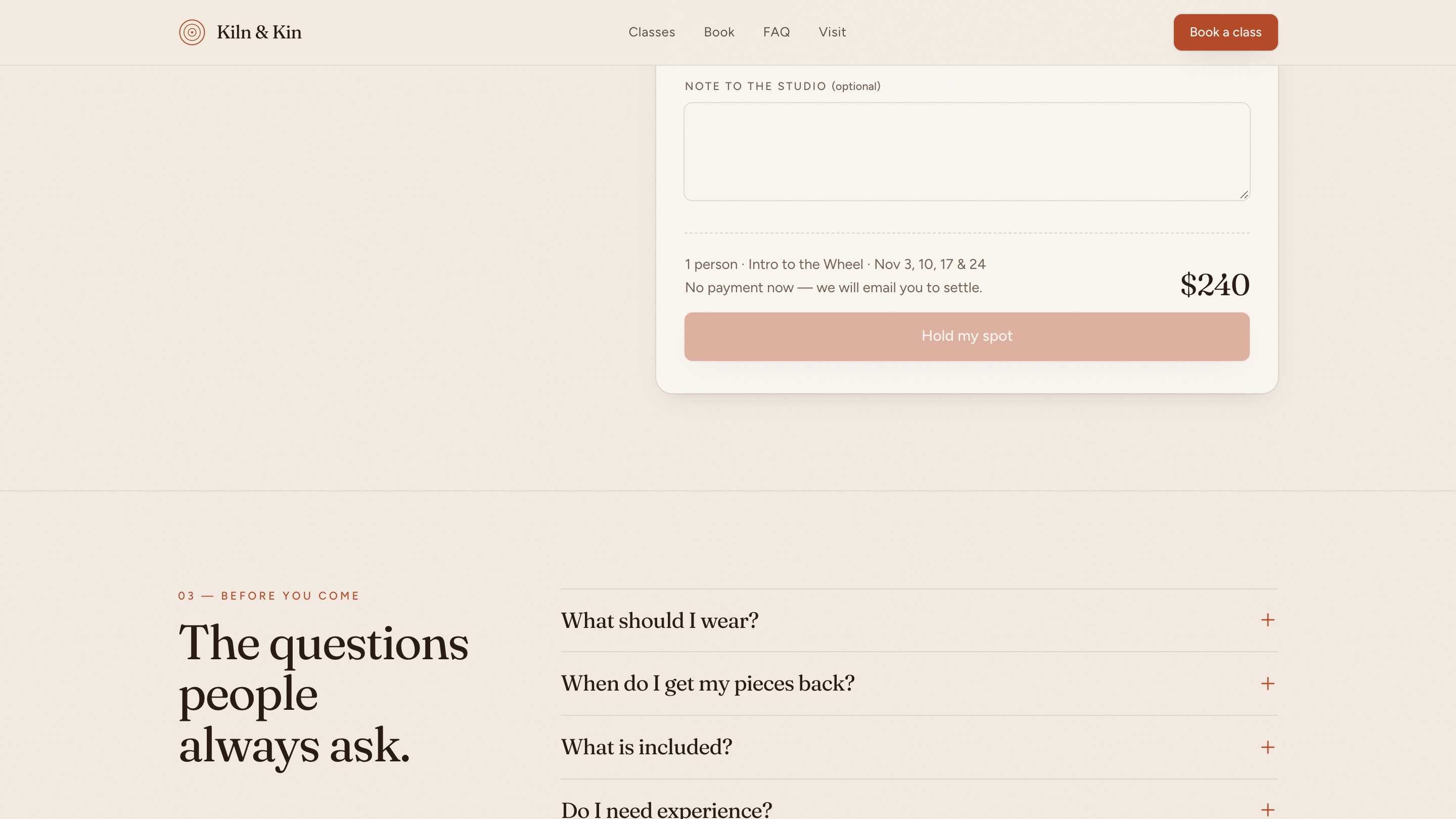 Desktop. The end of the booking form with the $240 total and a Hold my spot button, then the FAQ, The questions people always ask.