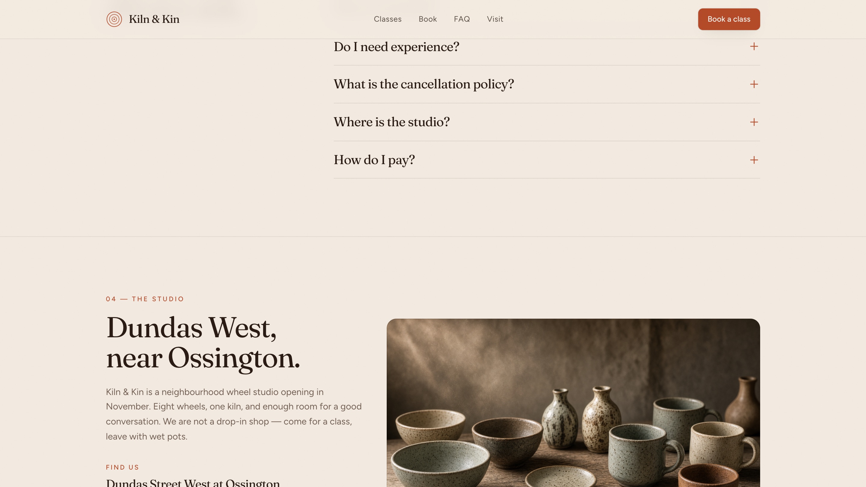 Desktop. The rest of the FAQ, then the studio section, Dundas West, near Ossington, with a photo of bowls and mugs.
