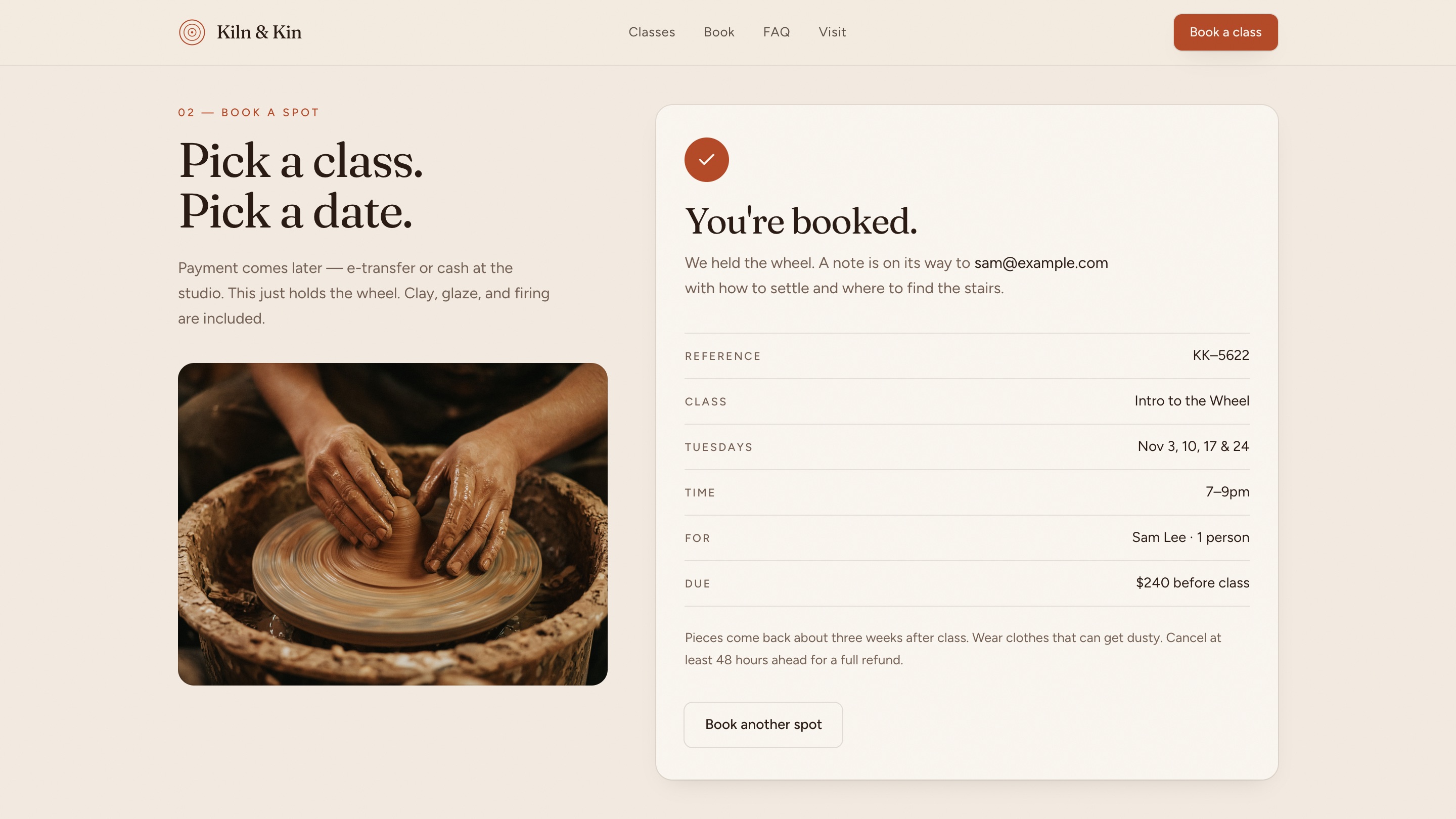 Desktop, after booking. You’re booked, with the reference, class, dates, time, name and amount due.