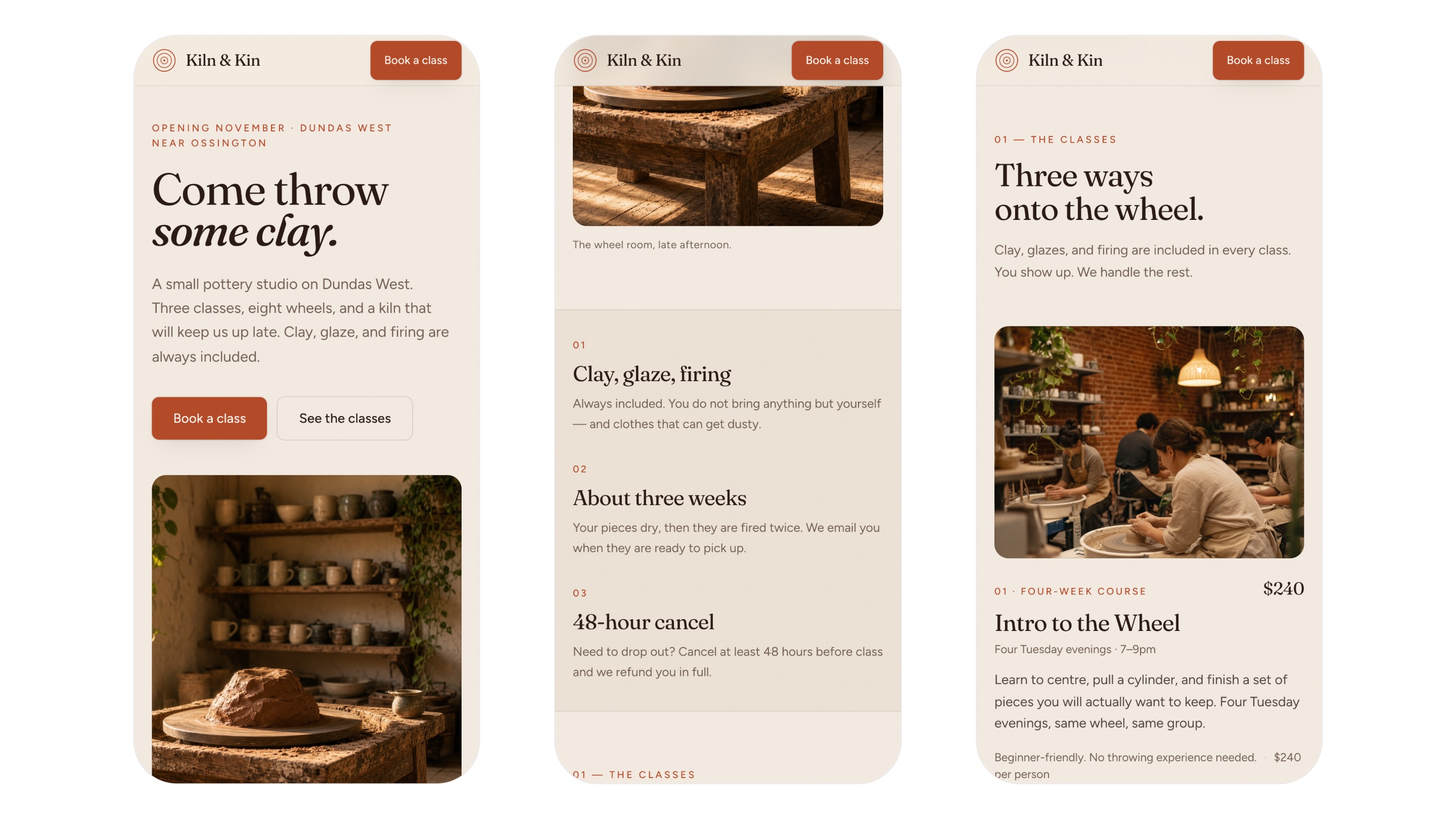 Phone screens 1 to 3. The hero, the three points, and the start of the classes.