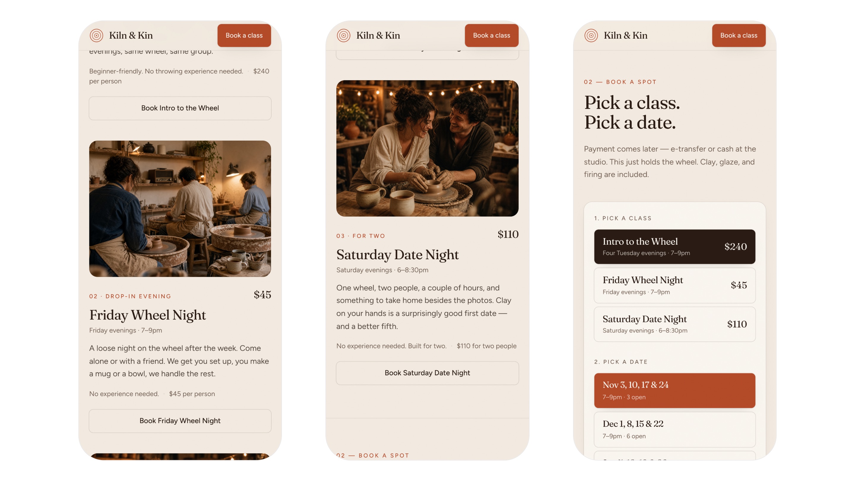 Phone screens 4 to 6. The rest of the classes and the top of the booking form.