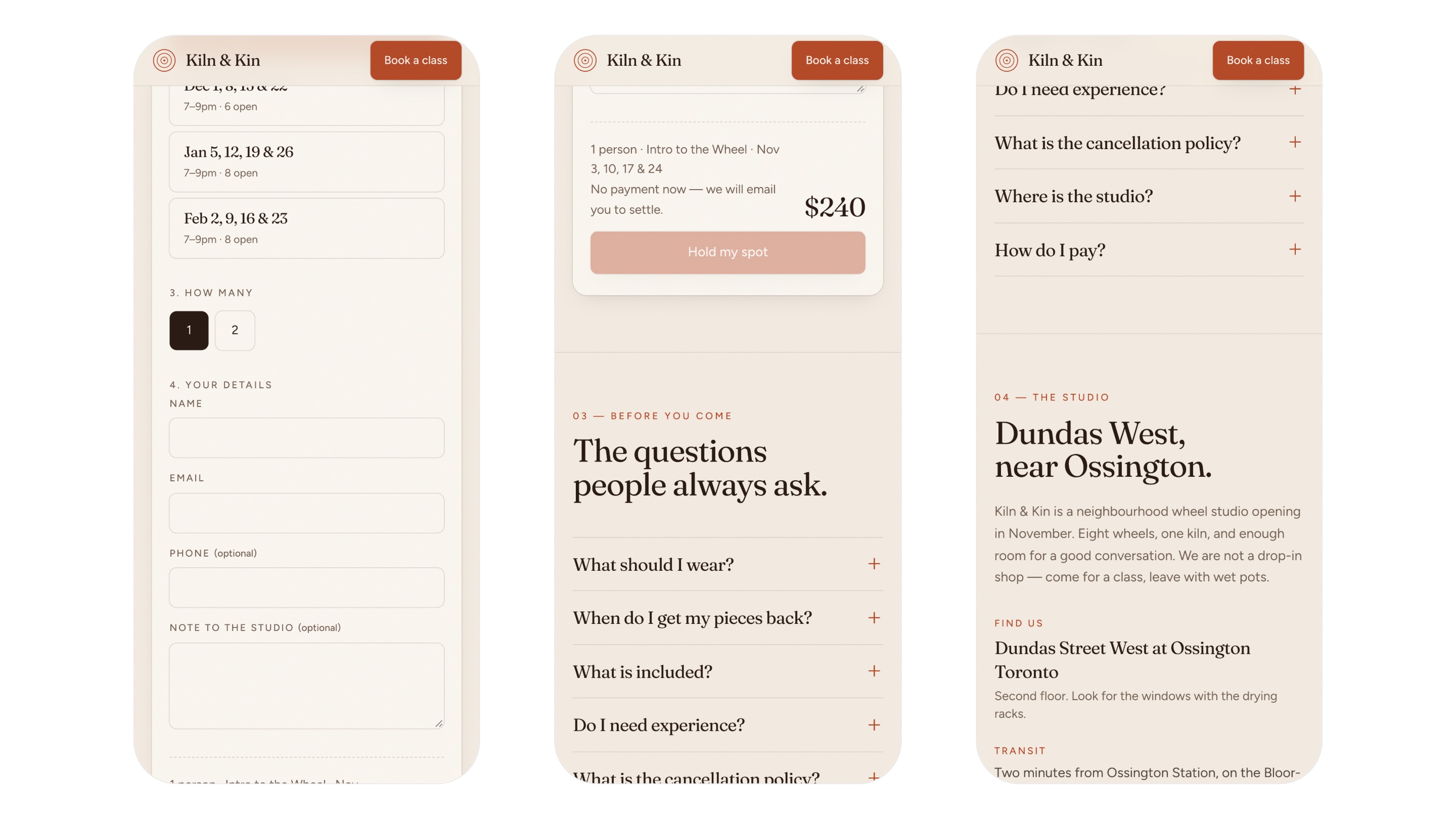 Phone screens 7 to 9. The booking form, the FAQ, and the studio section.