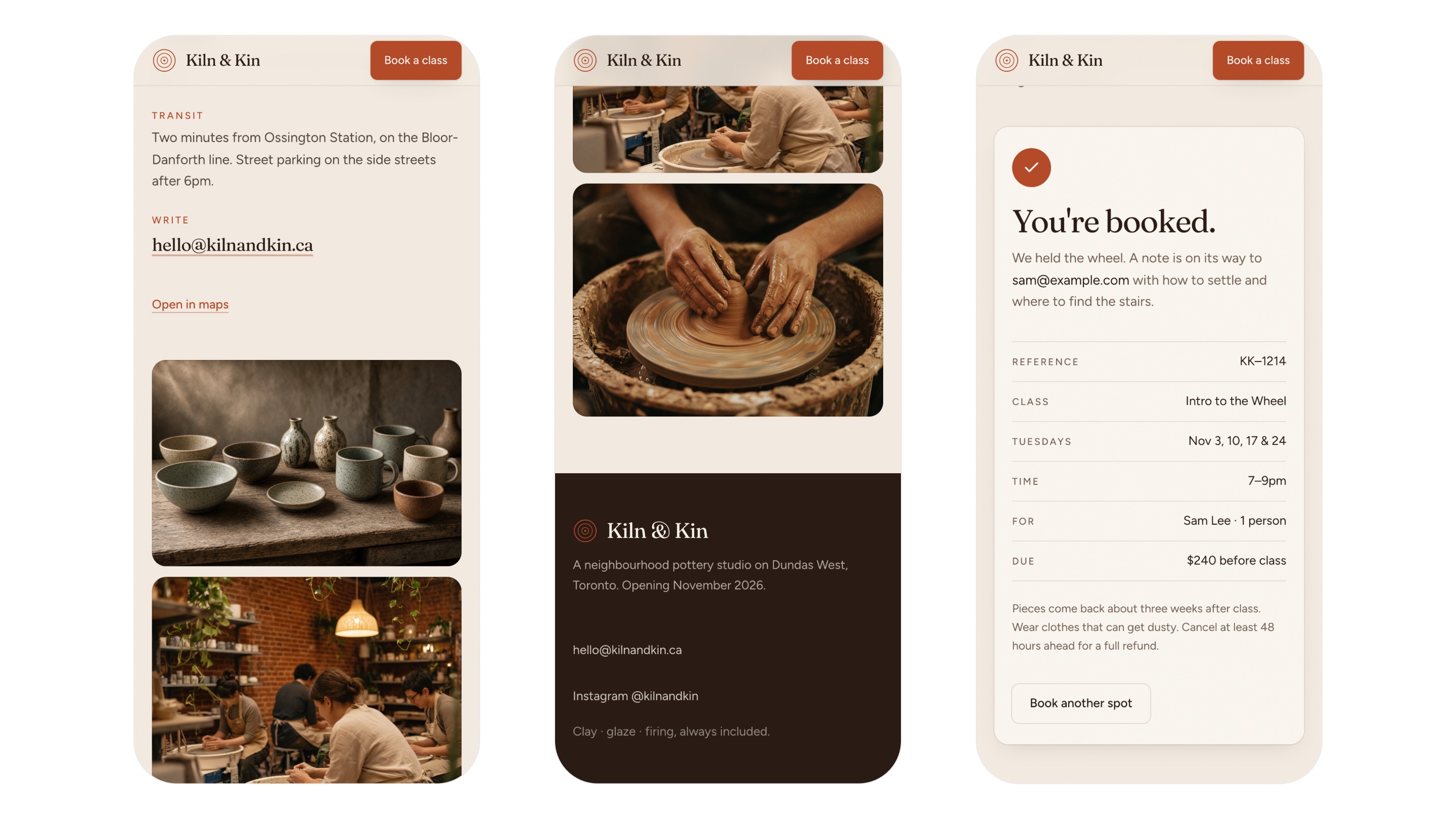 Phone screens 10 and 11, the address, photos and footer, then the booking confirmation, You’re booked.